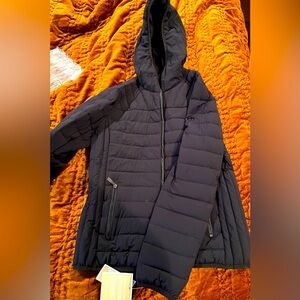 Michael Kors navy blue puffer jacket with leather trim